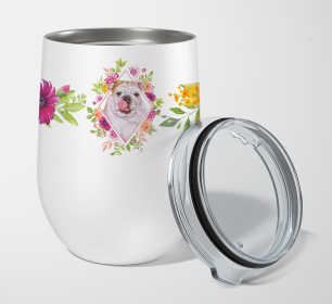 Dog Breed 12 oz Stemless Wine Glass (Dog Breed: English Bulldog Pink Flowers Stainless Steel 2)