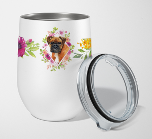 Dog Breed 12 oz Stemless Wine Glass (Dog Breed: German Boxer Pink Flowers Stainless Steel)