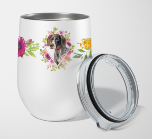 Dog Breed 12 oz Stemless Wine Glass (Dog Breed: German Shorthaired Pointer Pink Flowers Stainless Steel)