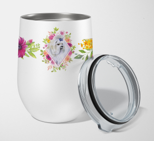 Dog Breed 12 oz Stemless Wine Glass (Dog Breed: Maltese Pink Flowers Stainless Steel)