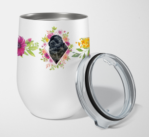 Dog Breed 12 oz Stemless Wine Glass (Dog Breed: Newfoundland Pink Flowers Stainless Steel)