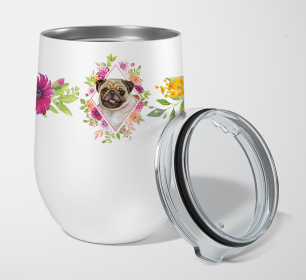 Dog Breed 12 oz Stemless Wine Glass (Dog Breed: Fawn Pug Pink Flowers Stainless Steel)