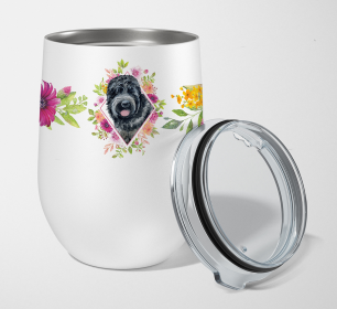 Dog Breed 12 oz Stemless Wine Glass (Dog Breed: Russian Black Terrier Pink Flowers Stainless Steel)