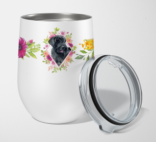Dog Breed 12 oz Stemless Wine Glass (Dog Breed: Giant Schnauzer Pink Flowers Stainless Steel)