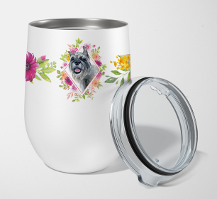 Dog Breed 12 oz Stemless Wine Glass (Dog Breed: Schnauzer Pink Flowers Stainless Steel)