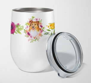Dog Breed 12 oz Stemless Wine Glass (Dog Breed: Sheltie Shetland Sheepdog Pink Flowers Stainless Steel)