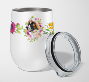 Dog Breed 12 oz Stemless Wine Glass (Dog Breed: Saint Bernard #2 Pink Flowers Stainless Steel)
