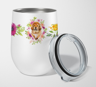 Dog Breed 12 oz Stemless Wine Glass (Dog Breed: Tibetian Mastiff Puppy Pink Flowers Stainless Steel)