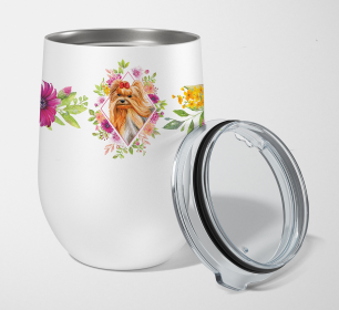 Dog Breed 12 oz Stemless Wine Glass (Dog Breed: Yorkshire Terrier #2 Pink Flowers Stainless Steel)