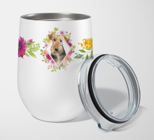 Dog Breed 12 oz Stemless Wine Glass (Dog Breed: Airedale Terrier Pink Flowers Stainless Steel)