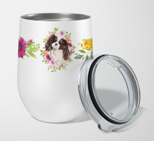 Dog Breed 12 oz Stemless Wine Glass (Dog Breed: Tricolor Cavalier Spaniel Pink Flowers Stainless Steel)
