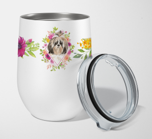 213-CK4110TBL12 Dog Breed 12 oz Stemless Wine Glass (Dog Breed: Shih Tzu Pink Flowers Stainless Steel 1)