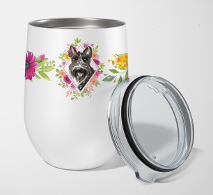 213-CK4110TBL12 Dog Breed 12 oz Stemless Wine Glass (Dog Breed: Scottish Terrier Pink Flowers Stainless Steel)