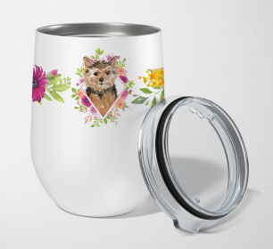 213-CK4110TBL12 Dog Breed 12 oz Stemless Wine Glass (Dog Breed: Norwich Terrier Pink Flowers Stainless Steel)