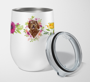 213-CK4110TBL12 Dog Breed 12 oz Stemless Wine Glass (Dog Breed: Labradoodle Pink Flowers Stainless Steel)