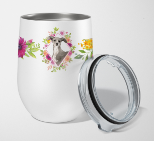 213-CK4110TBL12 Dog Breed 12 oz Stemless Wine Glass (Dog Breed: Italian Greyhound Pink Flowers Stainless Steel)