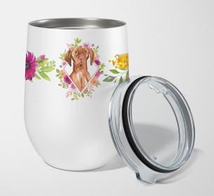 213-CK4110TBL12 Dog Breed 12 oz Stemless Wine Glass (Dog Breed: Vizsla Pink Flowers Stainless Steel)