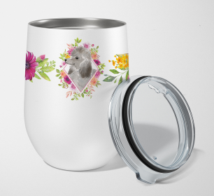 213-CK4110TBL12 Dog Breed 12 oz Stemless Wine Glass (Dog Breed: Grey Standard Poodle Pink Flowers Stainless Steel)