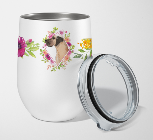 213-CK4110TBL12 Dog Breed 12 oz Stemless Wine Glass (Dog Breed: Fawn Great Dane Pink Flowers Stainless Steel)