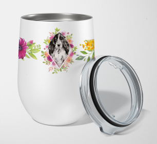 213-CK4110TBL12 Dog Breed 12 oz Stemless Wine Glass (Dog Breed: Black Parti Cocker Spaniel Pink Flowers Stainless Steel)