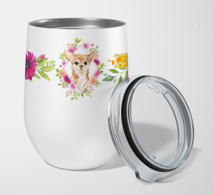 213-CK4110TBL12 Dog Breed 12 oz Stemless Wine Glass (Dog Breed: Chihuahua Pink Flowers Stainless Steel)