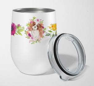 213-CK4110TBL12 Dog Breed 12 oz Stemless Wine Glass (Dog Breed: Blenheim Cavalier Spaniel Pink Flowers Stainless Steel)