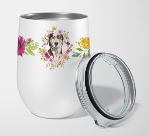 213-CK4110TBL12 Dog Breed 12 oz Stemless Wine Glass (Dog Breed: Catahoula Leopard Dog Pink Flowers Stainless Steel)