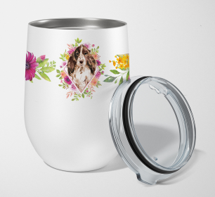 213-CK4110TBL12 Dog Breed 12 oz Stemless Wine Glass (Dog Breed: Brown Parti Cocker Spaniel Pink Flowers Stainless Steel)