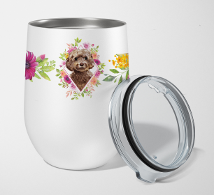 213-CK4110TBL12 Dog Breed 12 oz Stemless Wine Glass (Dog Breed: Chocolate Cockapoo Pink Flowers Stainless Steel)