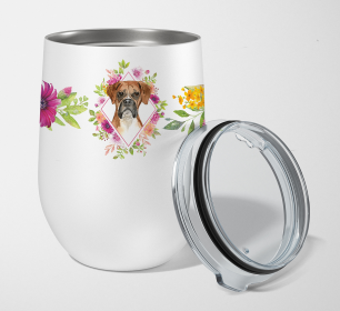 213-CK4110TBL12 Dog Breed 12 oz Stemless Wine Glass (Dog Breed: Boxer Pink Flowers Stainless Steel)