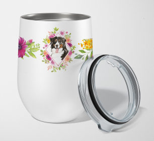 213-CK4110TBL12 Dog Breed 12 oz Stemless Wine Glass (Dog Breed: Bernese Mountain Dog Pink Flowers Stainless Steel 1)