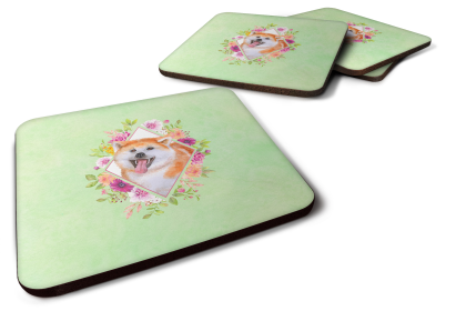 Green Flowers Design with Dog Foam Coaster Set of 4 (Dog Breed: Akita)