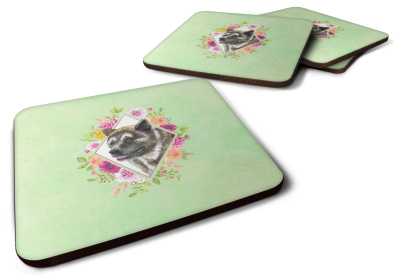 Green Flowers Design with Dog Foam Coaster Set of 4 (Dog Breed: Akita 1)