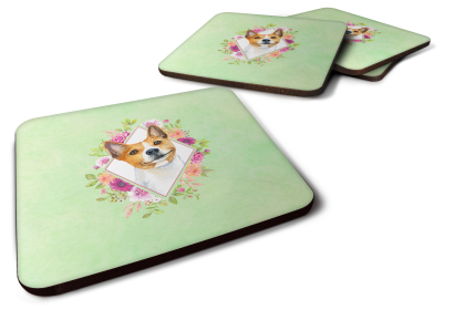 Green Flowers Design with Dog Foam Coaster Set of 4 (Dog Breed: Basenji)