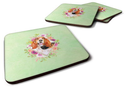 Green Flowers Design with Dog Foam Coaster Set of 4 (Dog Breed: Basset Hound)