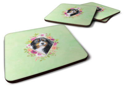 Green Flowers Design with Dog Foam Coaster Set of 4 (Dog Breed: Bernese Mountain Dog)