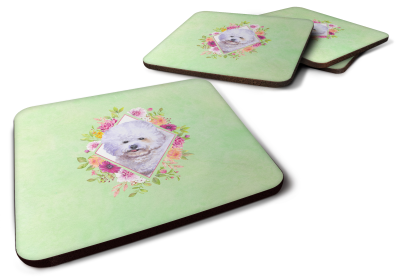 Green Flowers Design with Dog Foam Coaster Set of 4 (Dog Breed: Bichon Frise #2)