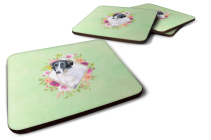 Green Flowers Design with Dog Foam Coaster Set of 4 (Dog Breed: Borzoi Russian Wolfhound)