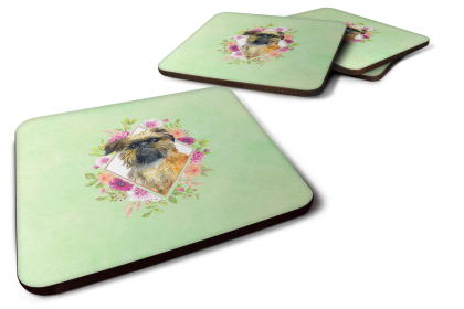Green Flowers Design with Dog Foam Coaster Set of 4 (Dog Breed: Brussels Griffon)