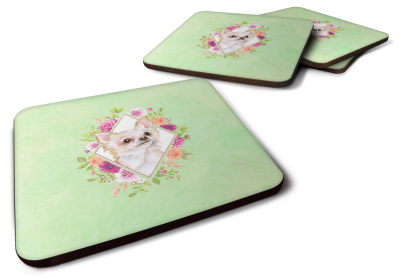 Green Flowers Design with Dog Foam Coaster Set of 4 (Dog Breed: Chihuahua - Long Hair)