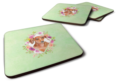 Green Flowers Design with Dog Foam Coaster Set of 4 (Dog Breed: Dachshund Red #2)