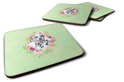 Green Flowers Design with Dog Foam Coaster Set of 4 (Dog Breed: Dalmatian)