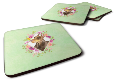 Green Flowers Design with Dog Foam Coaster Set of 4 (Dog Breed: Doberman Pinscher)