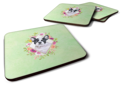 Green Flowers Design with Dog Foam Coaster Set of 4 (Dog Breed: French Bulldog)