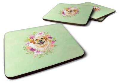 Green Flowers Design with Dog Foam Coaster Set of 4 (Dog Breed: Golden Retriever)