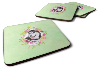 Green Flowers Design with Dog Foam Coaster Set of 4 (Dog Breed: Siberian Husky #1)