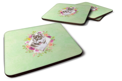 Green Flowers Design with Dog Foam Coaster Set of 4 (Dog Breed: Siberian Husky #2)