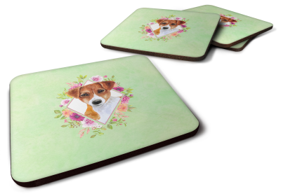 Green Flowers Design with Dog Foam Coaster Set of 4 (Dog Breed: Jack Russell Terrier #3)