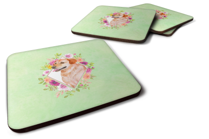 Green Flowers Design with Dog Foam Coaster Set of 4 (Dog Breed: Labrador Retriever - Yellow)