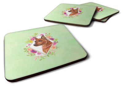 Green Flowers Design with Dog Foam Coaster Set of 4 (Dog Breed: Miniature Pinscher)